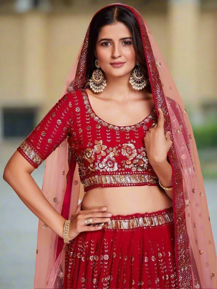 Fabulous Red Georgette Lehenga | Wedding Wear with Silk Lining & Dupatta