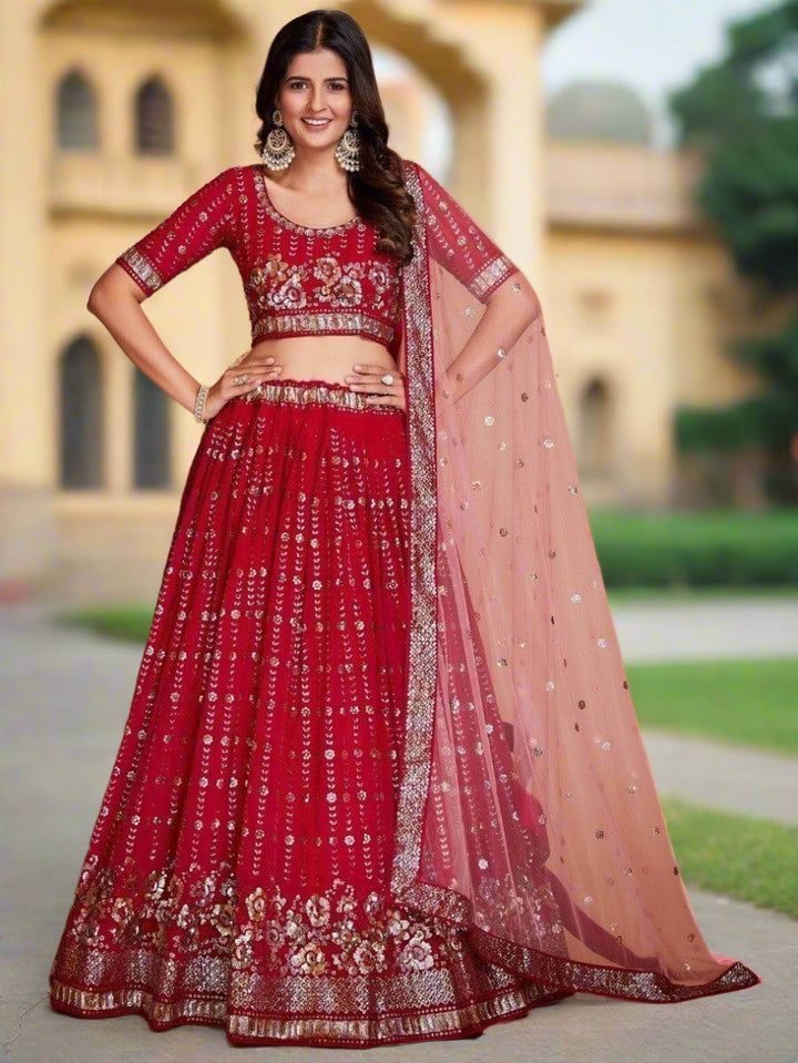 Fabulous Red Georgette Lehenga | Wedding Wear with Silk Lining & Dupatta