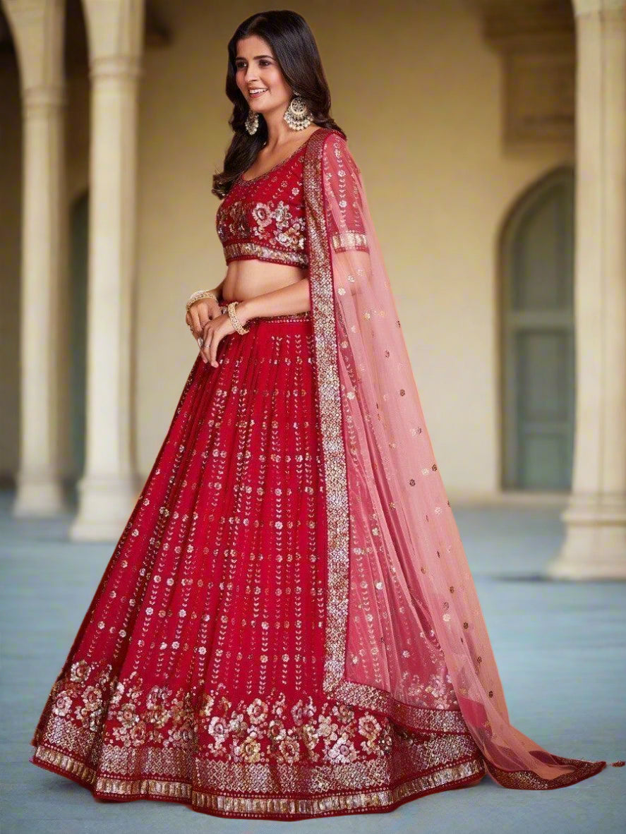 Fabulous Red Georgette Lehenga | Wedding Wear with Silk Lining & Dupatta