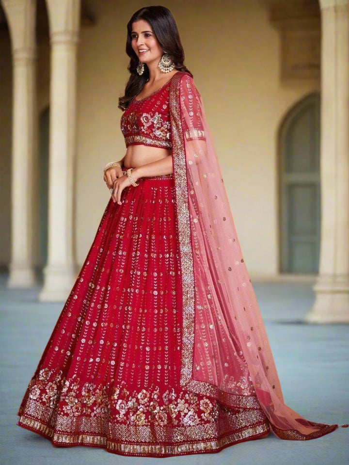 Fabulous Red Georgette Lehenga | Wedding Wear with Silk Lining & Dupatta