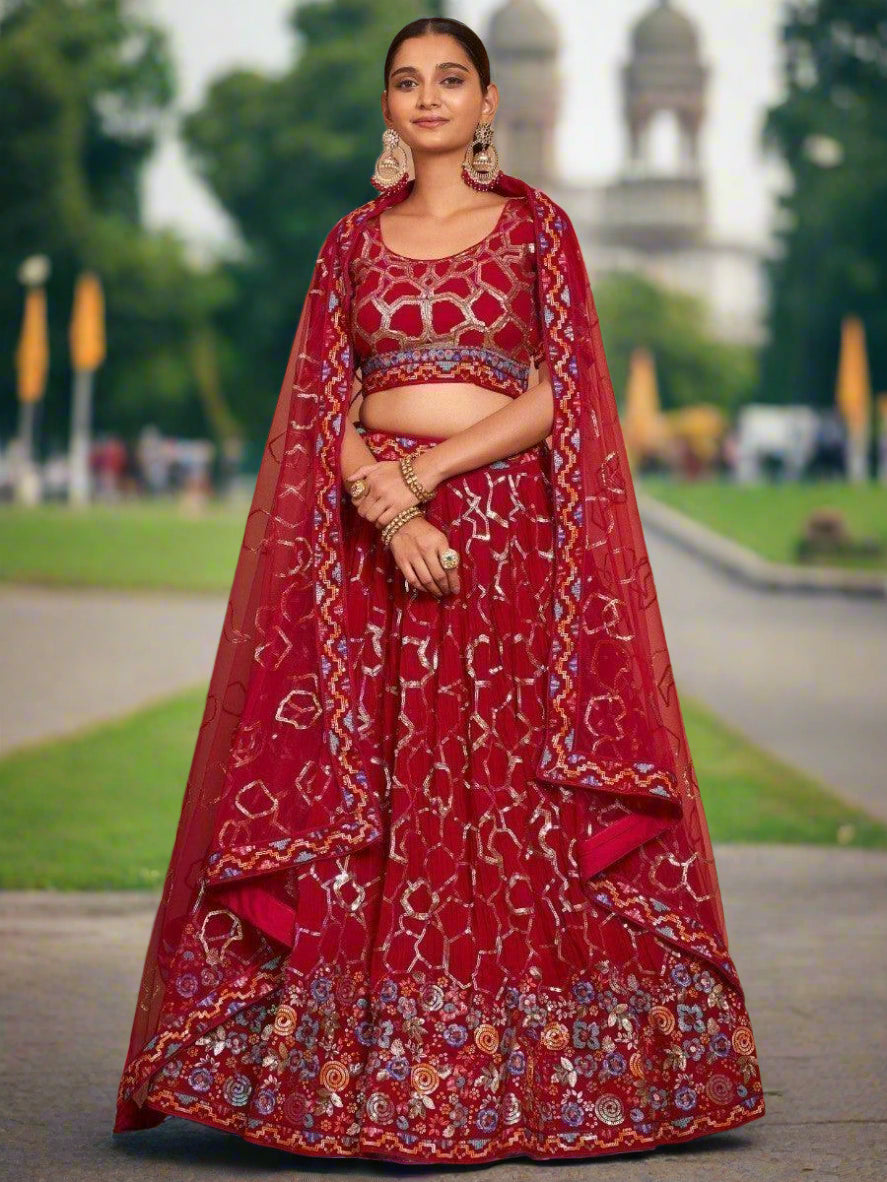 Stunning Red Lehenga Choli with Dupatta | Sequin & Embroidery Work