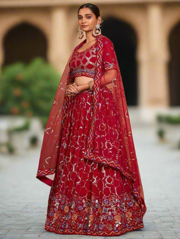 Stunning Red Lehenga Choli with Dupatta | Sequin & Embroidery Work