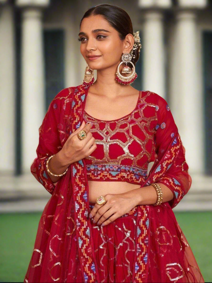 Stunning Red Lehenga Choli with Dupatta | Sequin & Embroidery Work