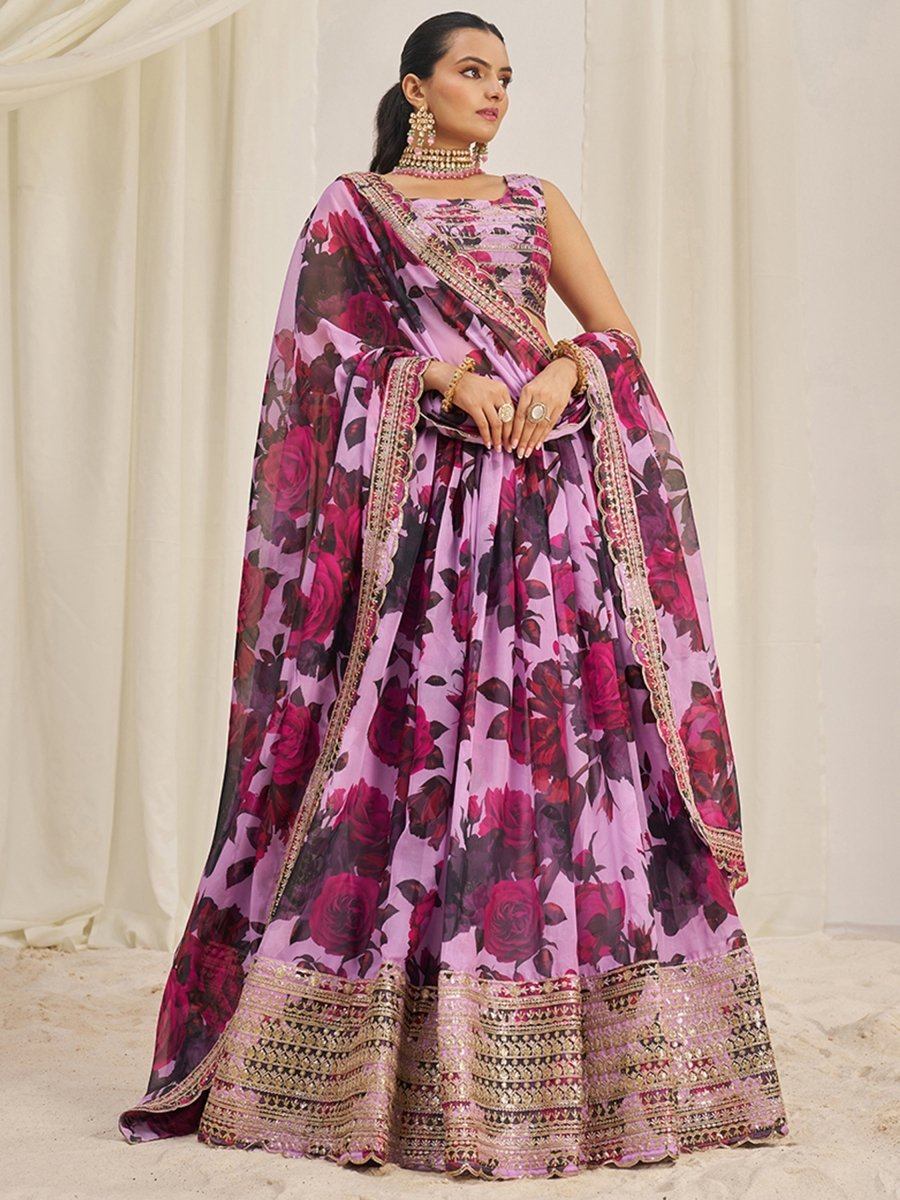 Romantic Baby Pink Lehenga Set | Floral Print & Embroidered Choli - ARD - FLR9 - TF - 327 - Semi Stitched - YPOD
