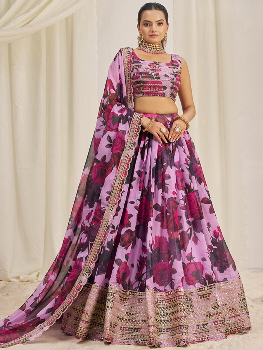 Romantic Baby Pink Lehenga Set | Floral Print & Embroidered Choli - ARD - FLR9 - TF - 327 - Semi Stitched - YPOD