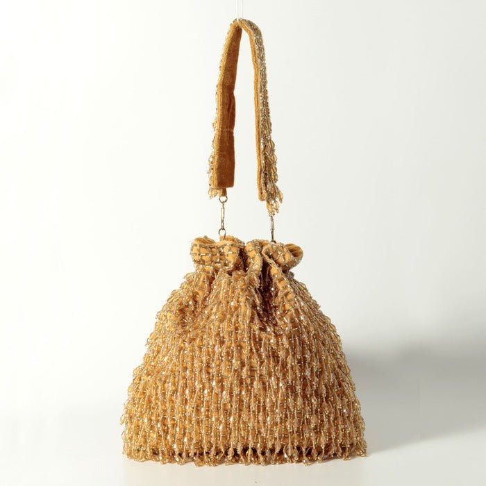 Rosa Potli Bag with Detachable Pearl Handle | Elegant Handcrafted Statement Piece - Rosa_Golden_Potli