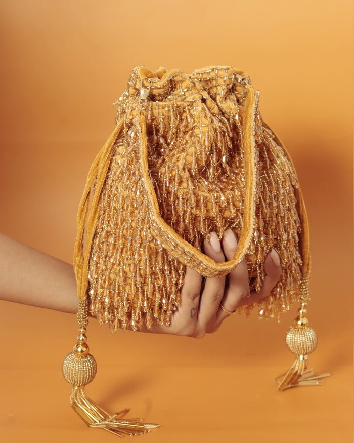 Rosa Potli Bag with Detachable Pearl Handle | Elegant Handcrafted Statement Piece - Rosa_Golden_Potli