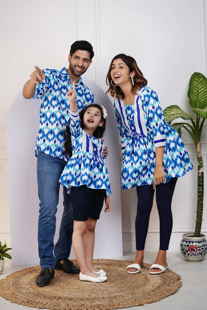 Stylish Blue Ikkat Printed Top with Matching Shirt Family Set