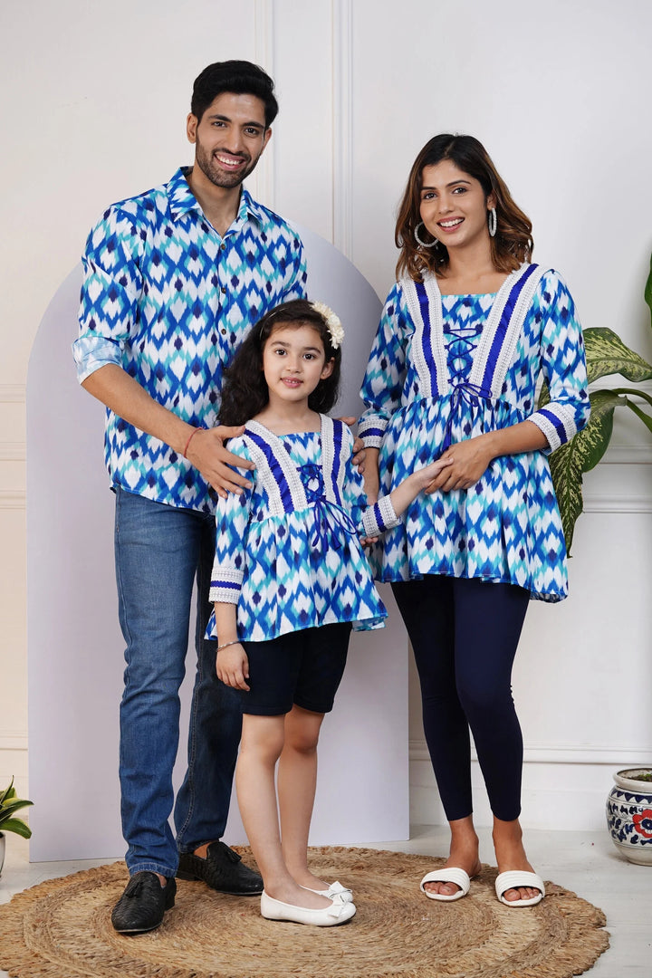 Stylish Blue Ikkat Printed Top with Matching Shirt Family Set