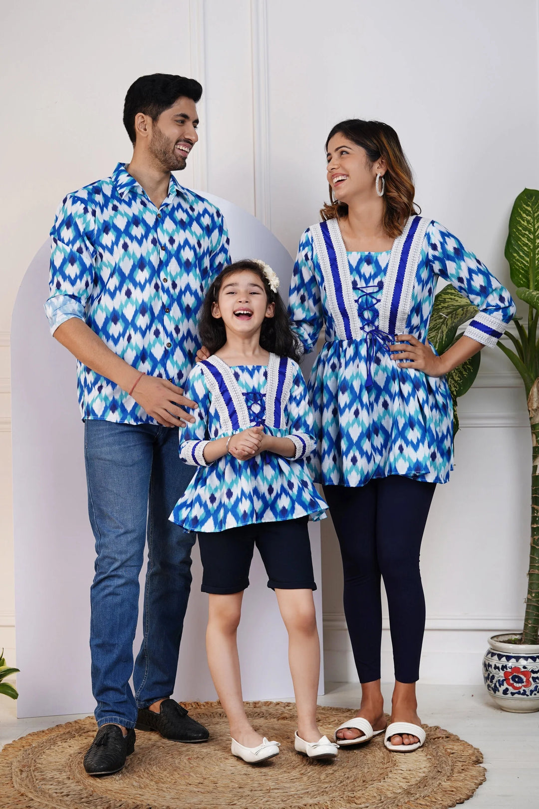 Stylish Blue Ikkat Printed Top with Matching Shirt Family Set