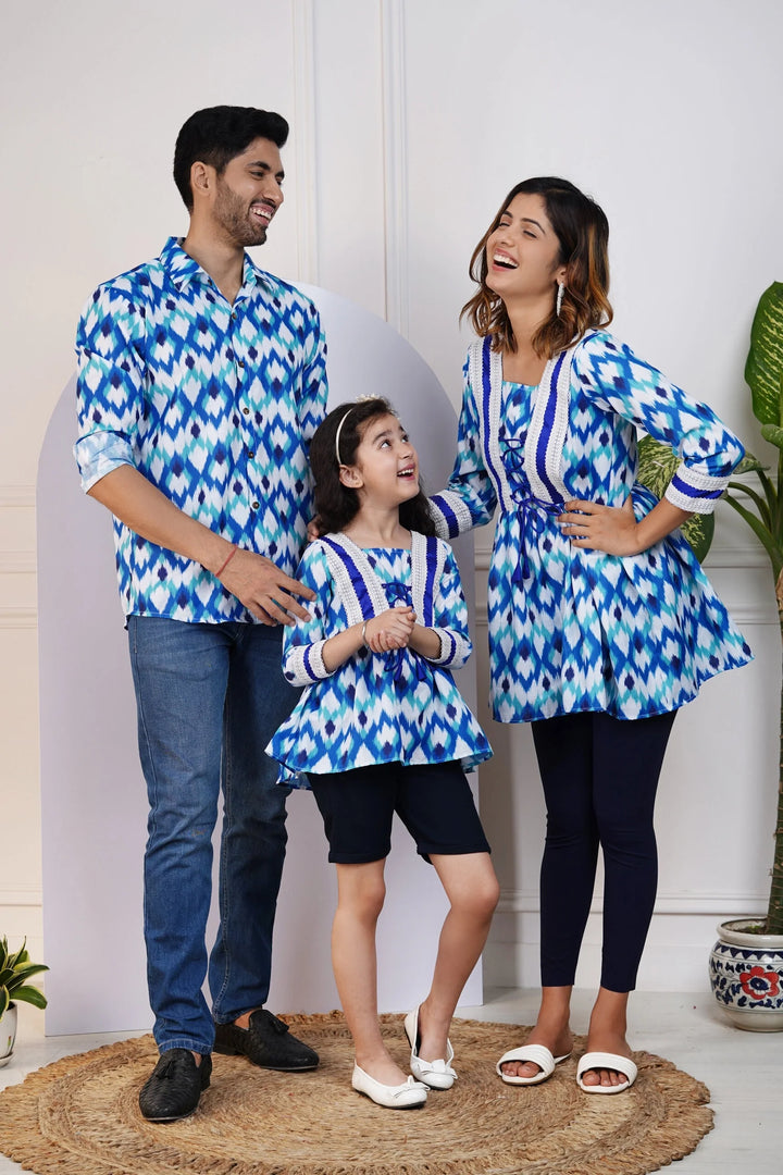 Stylish Blue Ikkat Printed Top with Matching Shirt Family Set