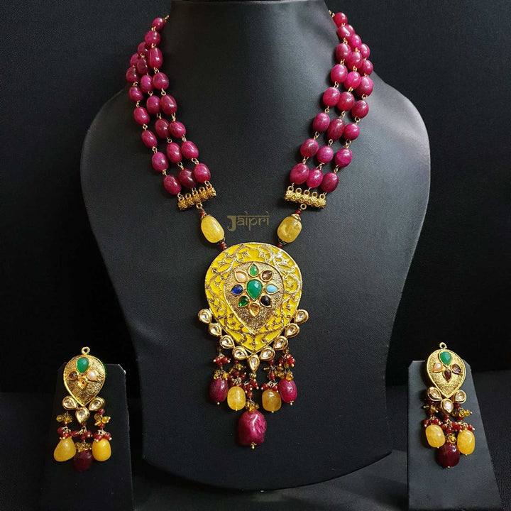 Ruby Beads Stone Tear-drop | Meenakari Pendant With Earrings Signature Design