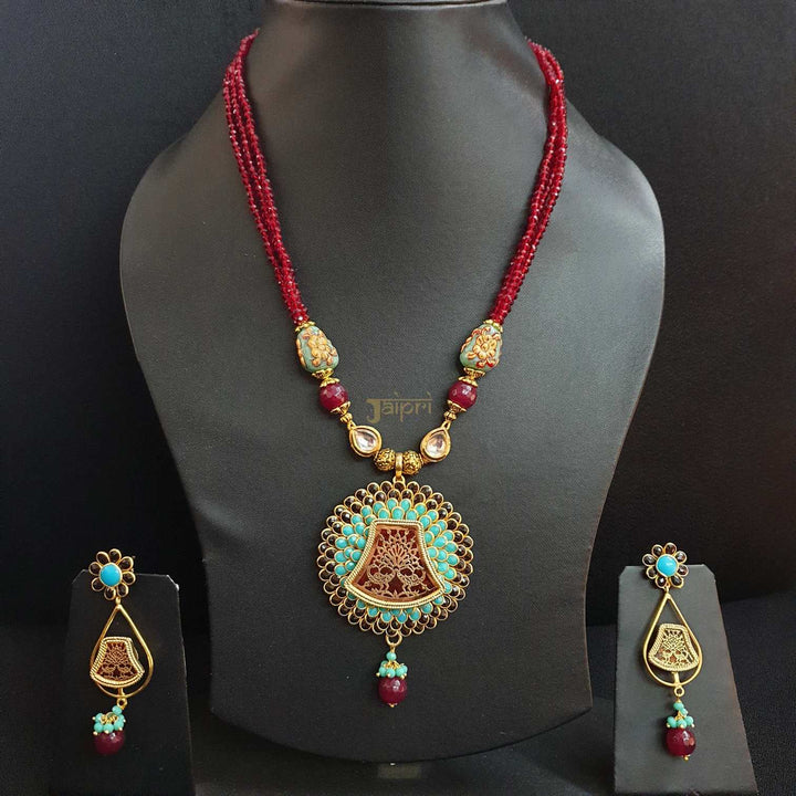Red Beads Stone Floral | Fusion Pendant With Earrings Fashionable