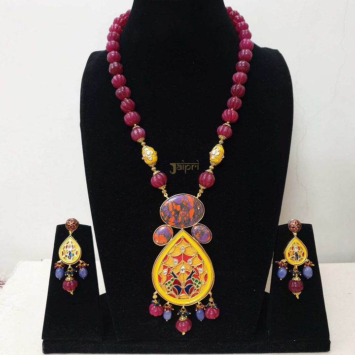 Ruby Beads Stone  Yellow | Meenakari Fusion Pendant With Earrings Collection