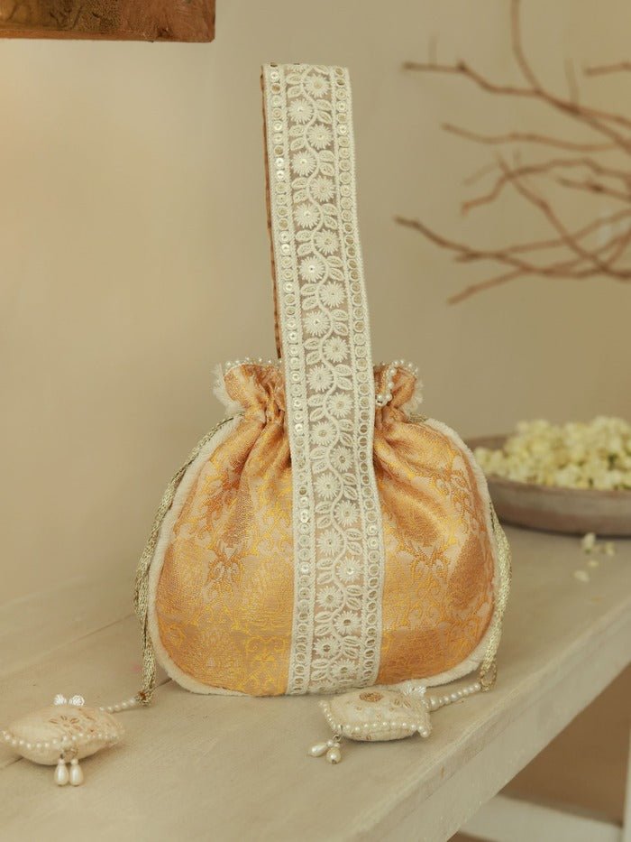 Ruhi Yellow Potli Bag with Detachable Pearl Handle | Elegant Handcrafted Design - Ruhi_Yellow