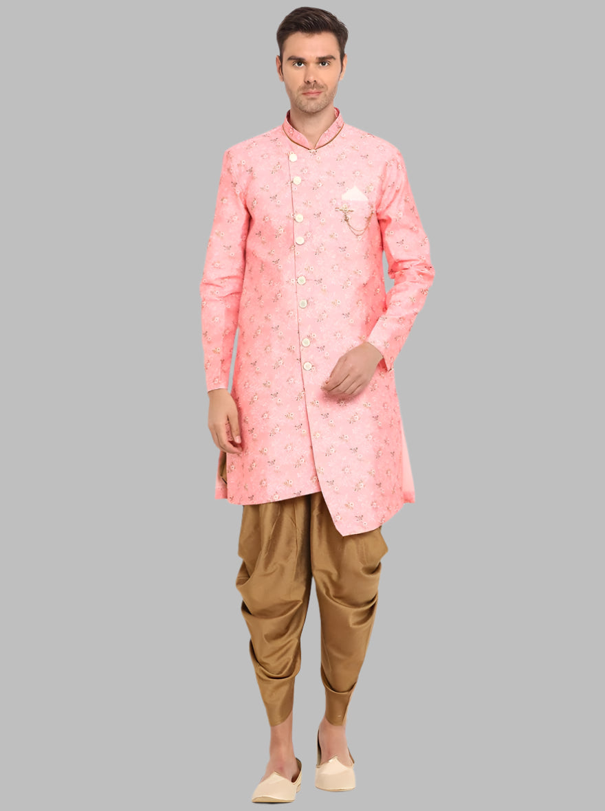 Celebrate in style with this luxurious Pink Semi-Indo Western, crafted for special occasions and featuring beautiful floral prints.