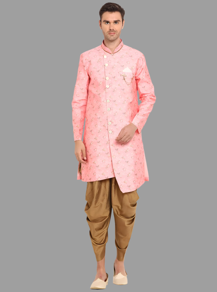 Pink Semi Indo Western sherwani and dhoti set for men, ideal for weddings.