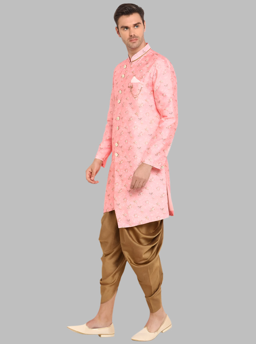 Shine at your next wedding in the USA with this Pink Semi-Indo Western, designed for modern men who appreciate both comfort and style.