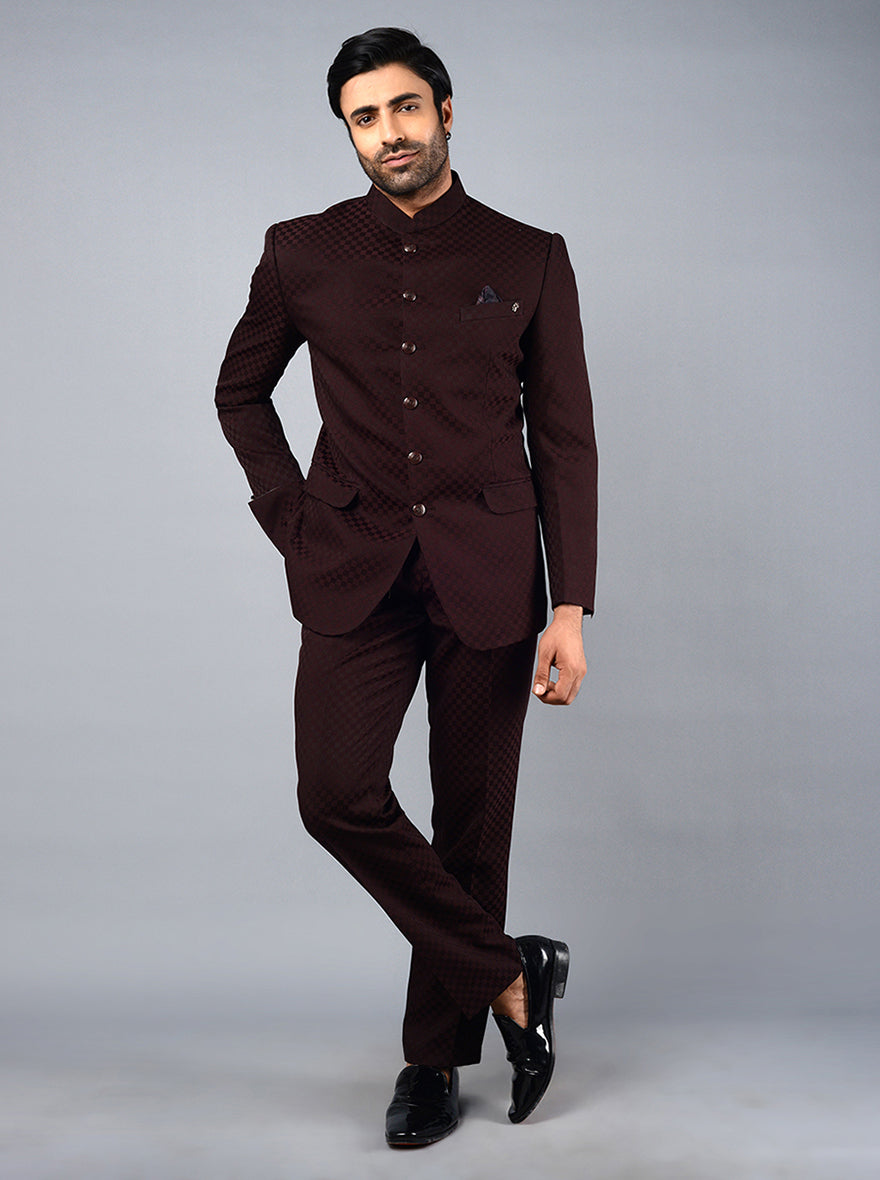 Elegant wine jodhpuri suit with full sleeves and mandarin collar.