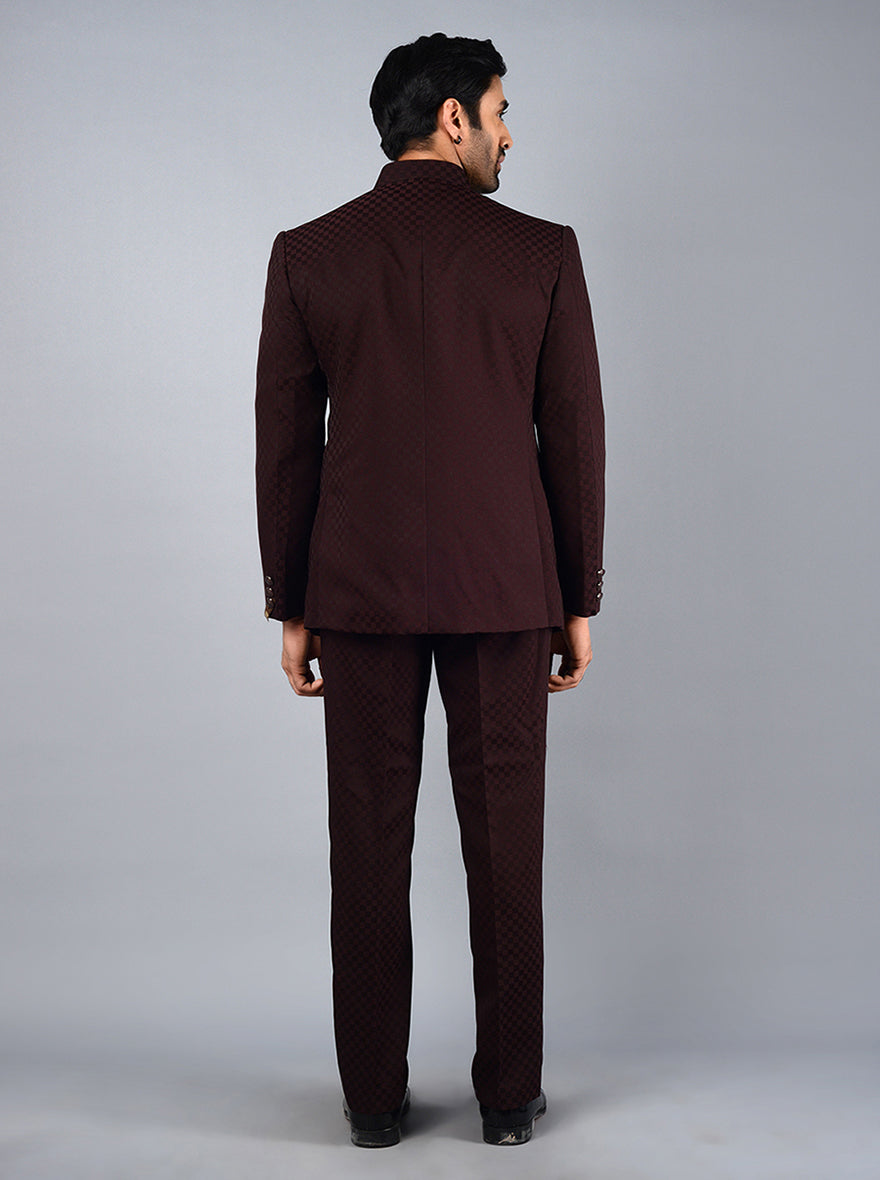 Stylish wine jodhpuri suit made from premium terry rayon fabric for receptions.