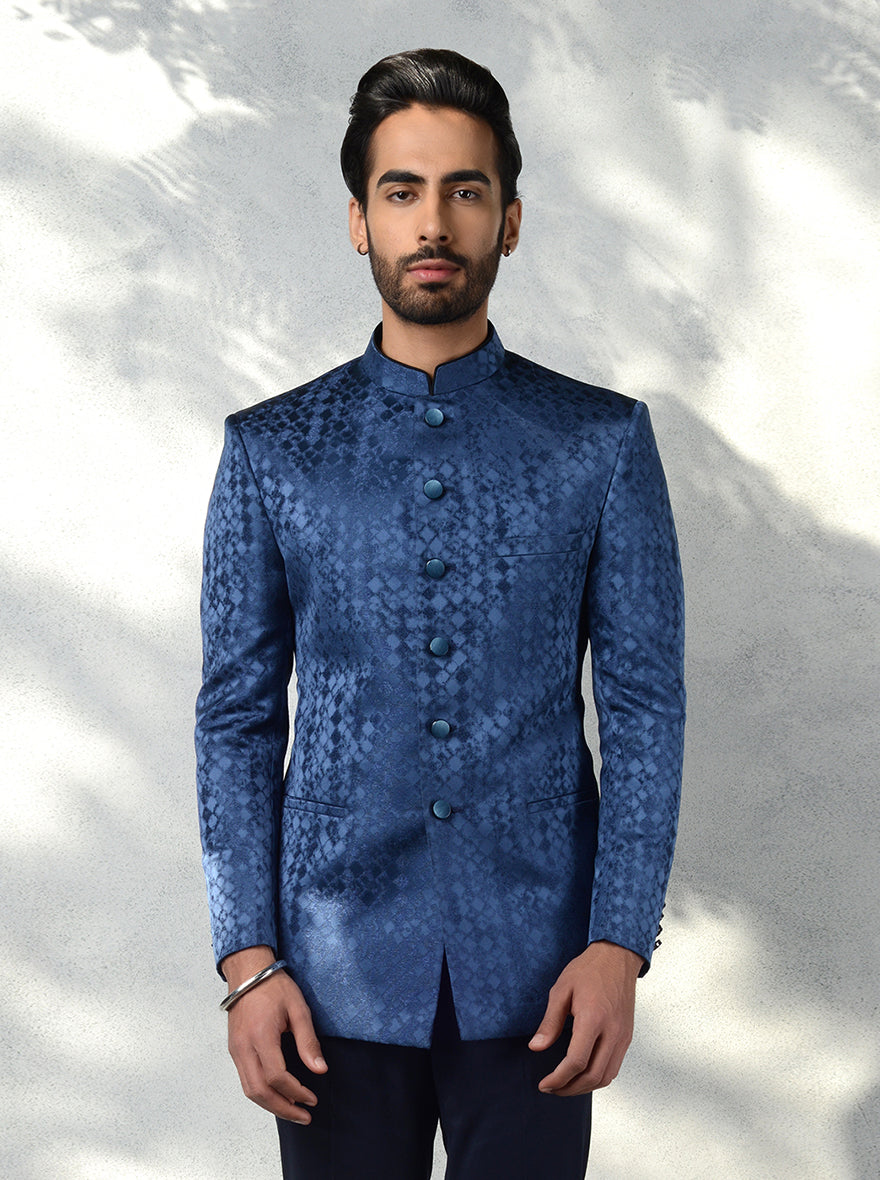 Designer Blue Jodhpuri Suit for men, perfect for weddings with jacquard fabric.