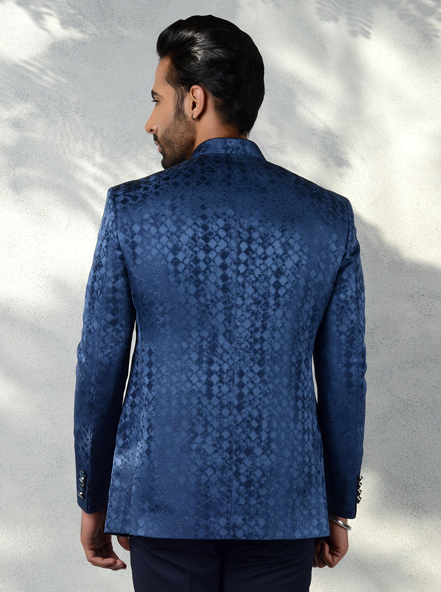 Stylish Blue Jodhpuri Suit with embossed buttons, perfect for formal events.