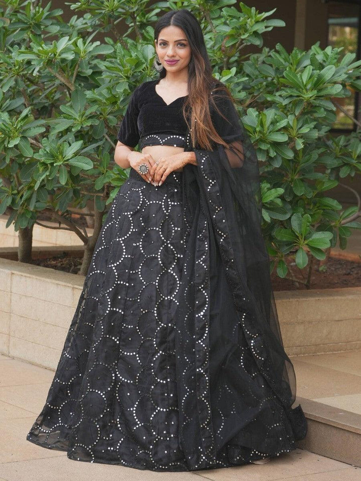 Chic Black Organza Lehenga Choli | Paper Mirror & Threadwork | Customizable