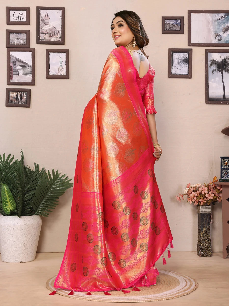 shop Coral Orange Banarasi Tissue Silk Saree with Paithani Design
