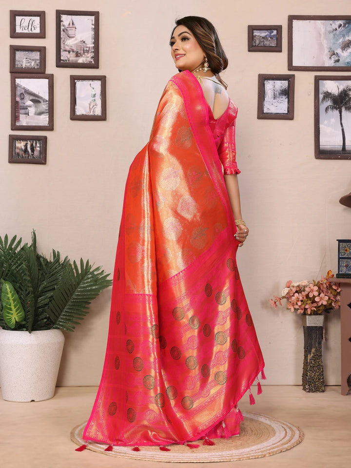 shop Coral Orange Banarasi Tissue Silk Saree with Paithani Design
