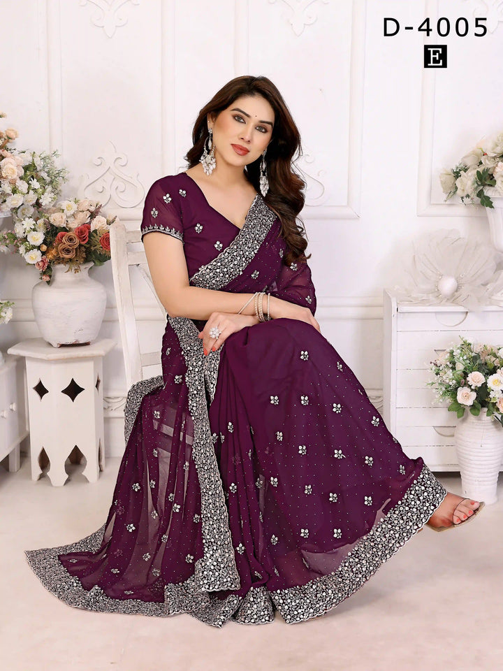 shop Wine Georgette Saree with Zari & Stone Work | Silverbin
