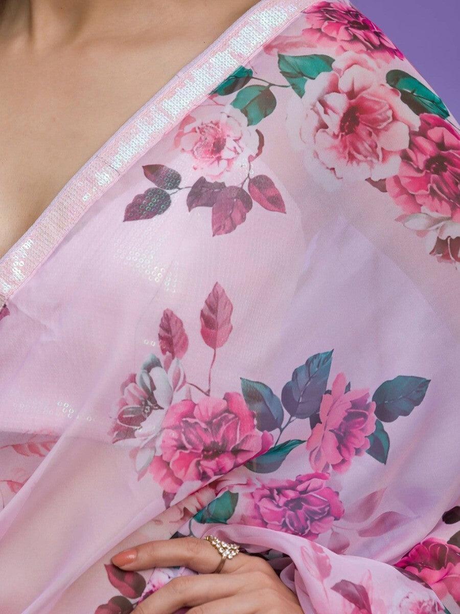 Awesome Pink Floral Printed | Chinon Saree With Sequin Blouse Trendy