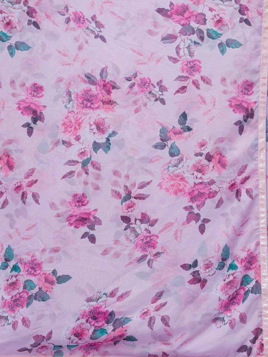 Awesome Pink Floral Printed | Chinon Saree With Sequin Blouse Trendy