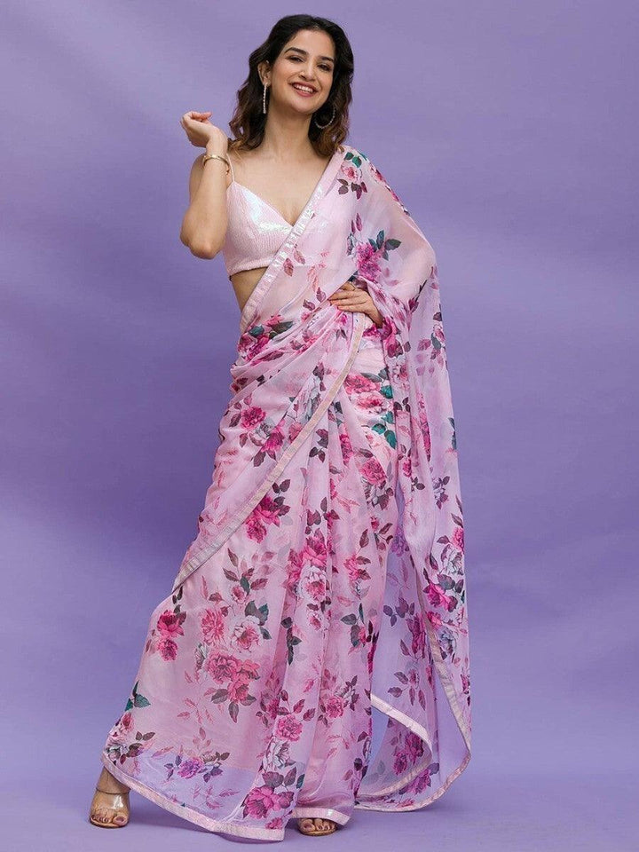 Awesome Pink Floral Printed | Chinon Saree With Sequin Blouse Trendy