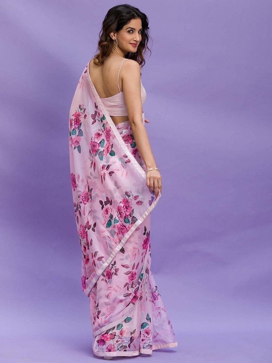 Awesome Pink Floral Printed | Chinon Saree With Sequin Blouse Trendy