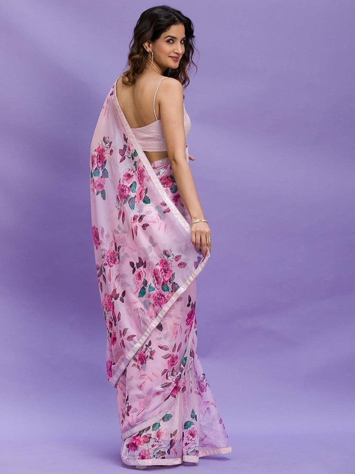 Awesome Pink Floral Printed | Chinon Saree With Sequin Blouse Trendy