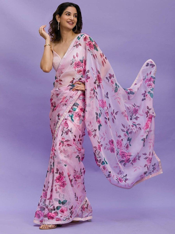 Awesome Pink Floral Printed | Chinon Saree With Sequin Blouse Trendy