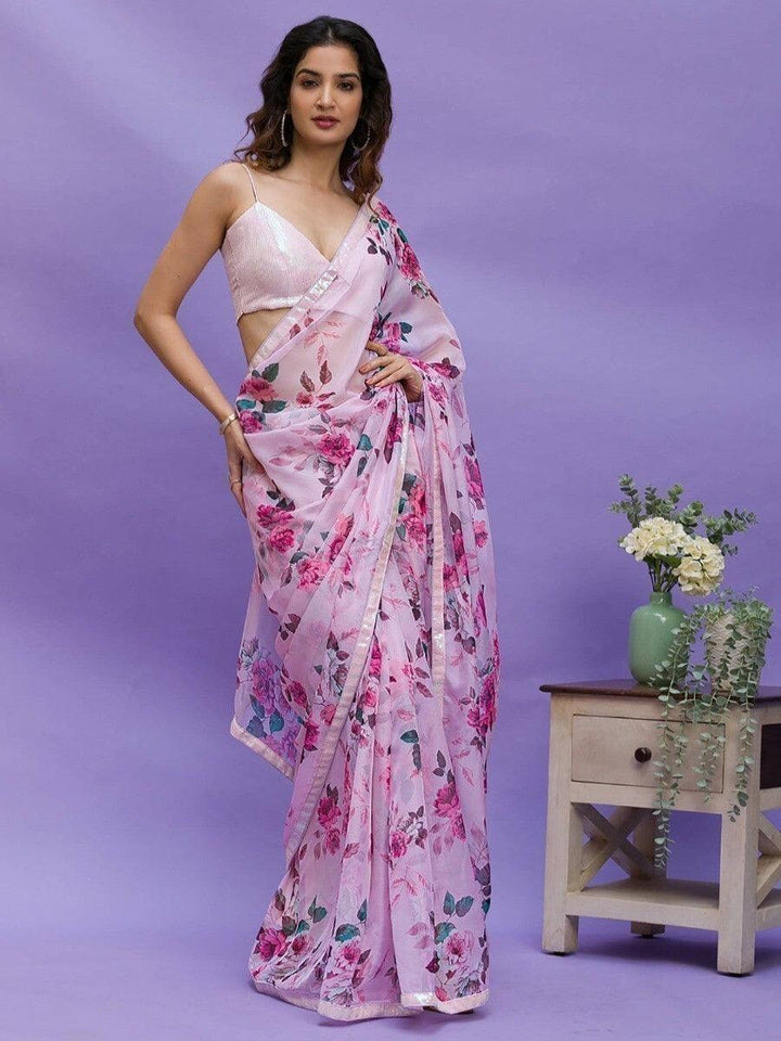 Awesome Pink Floral Printed | Chinon Saree With Sequin Blouse Trendy