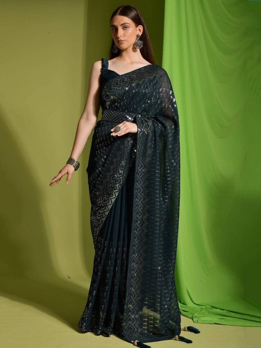 Attractive Teal Blue Sequins Georgette | Function Wear Saree With Blouse Trendy