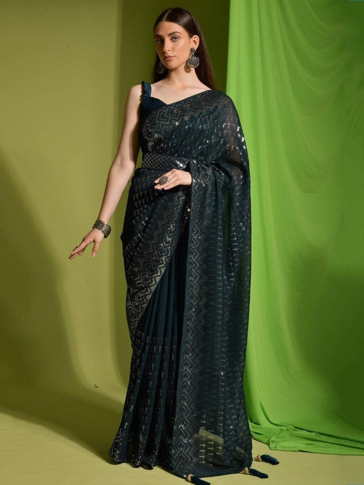Attractive Teal Blue Sequins Georgette | Function Wear Saree With Blouse Trendy