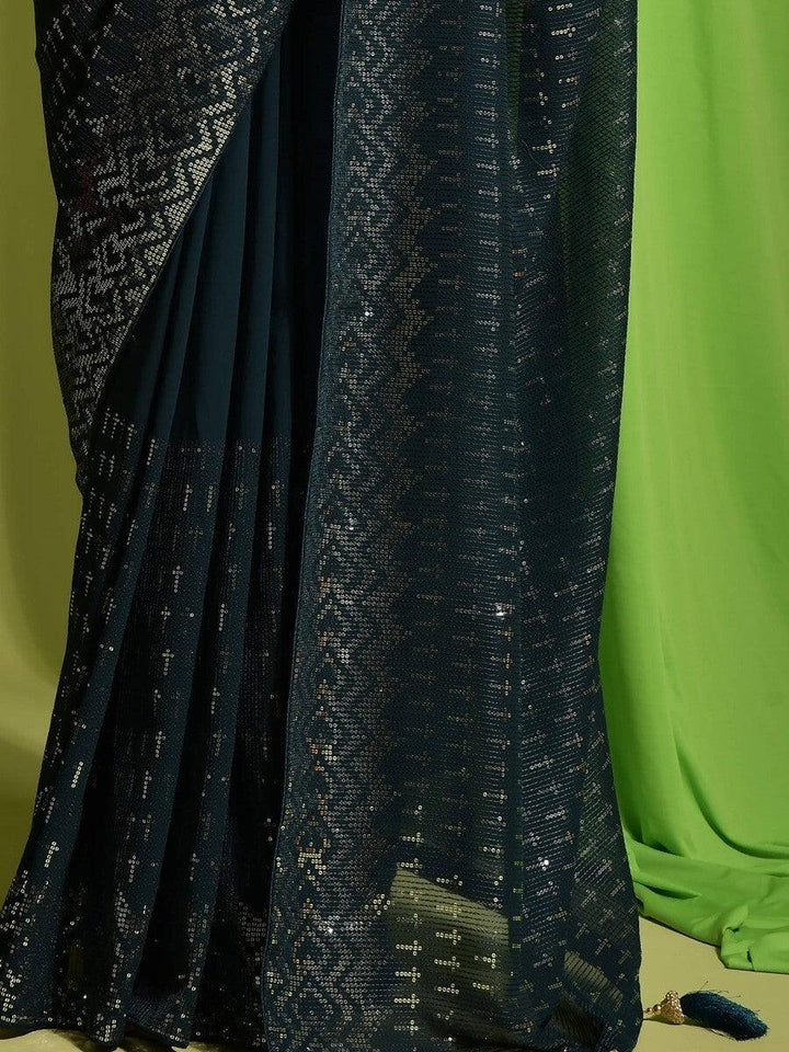 Attractive Teal Blue Sequins Georgette | Function Wear Saree With Blouse Trendy