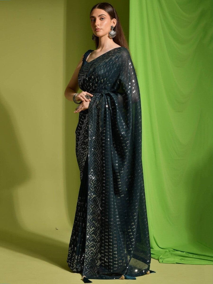 Attractive Teal Blue Sequins Georgette | Function Wear Saree With Blouse Trendy