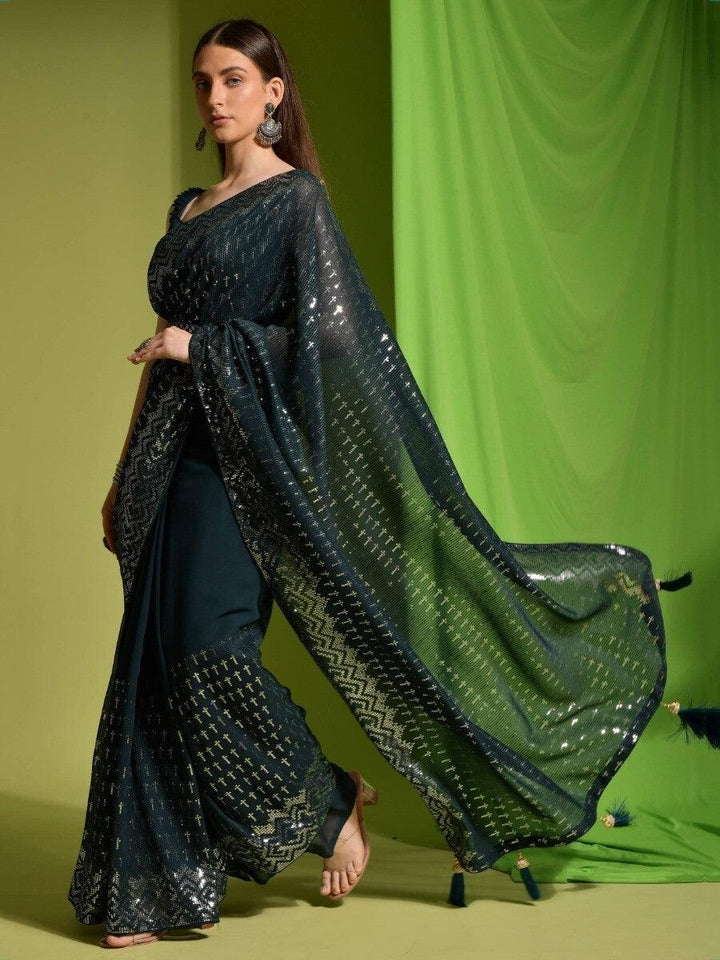 Attractive Teal Blue Sequins Georgette | Function Wear Saree With Blouse Trendy