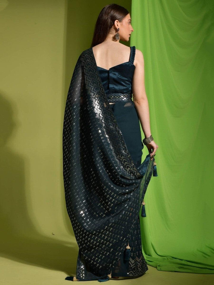 Attractive Teal Blue Sequins Georgette | Function Wear Saree With Blouse Trendy
