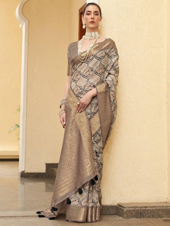 Adorable Beige Floral Printed Silk | Sangeet Wear Saree With Blouse Signature Design