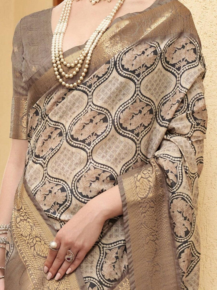 Adorable Beige Floral Printed Silk | Sangeet Wear Saree With Blouse Signature Design