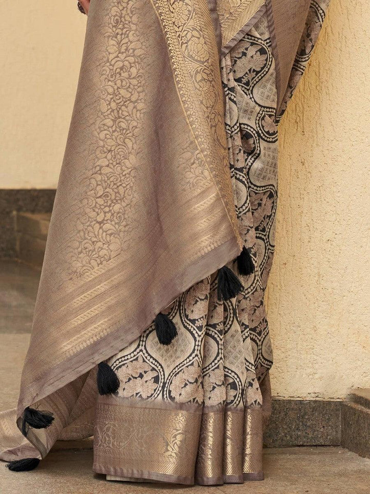 Adorable Beige Floral Printed Silk | Sangeet Wear Saree With Blouse Signature Design