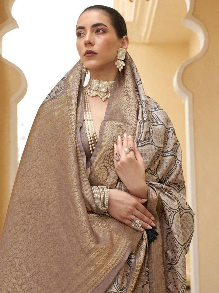 Adorable Beige Floral Printed Silk | Sangeet Wear Saree With Blouse Signature Design