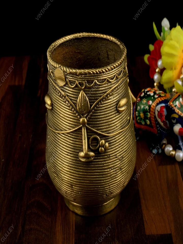 Brass Dhokra Art Pen Stand | Handcrafted Desk Organizer for Accessories
