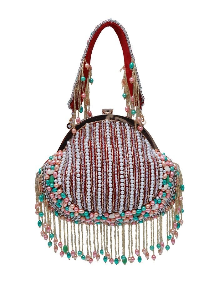 Sona Pearl Tasselled Potli Bag | Luxury Batua with Detachable Handle - Sona_Red