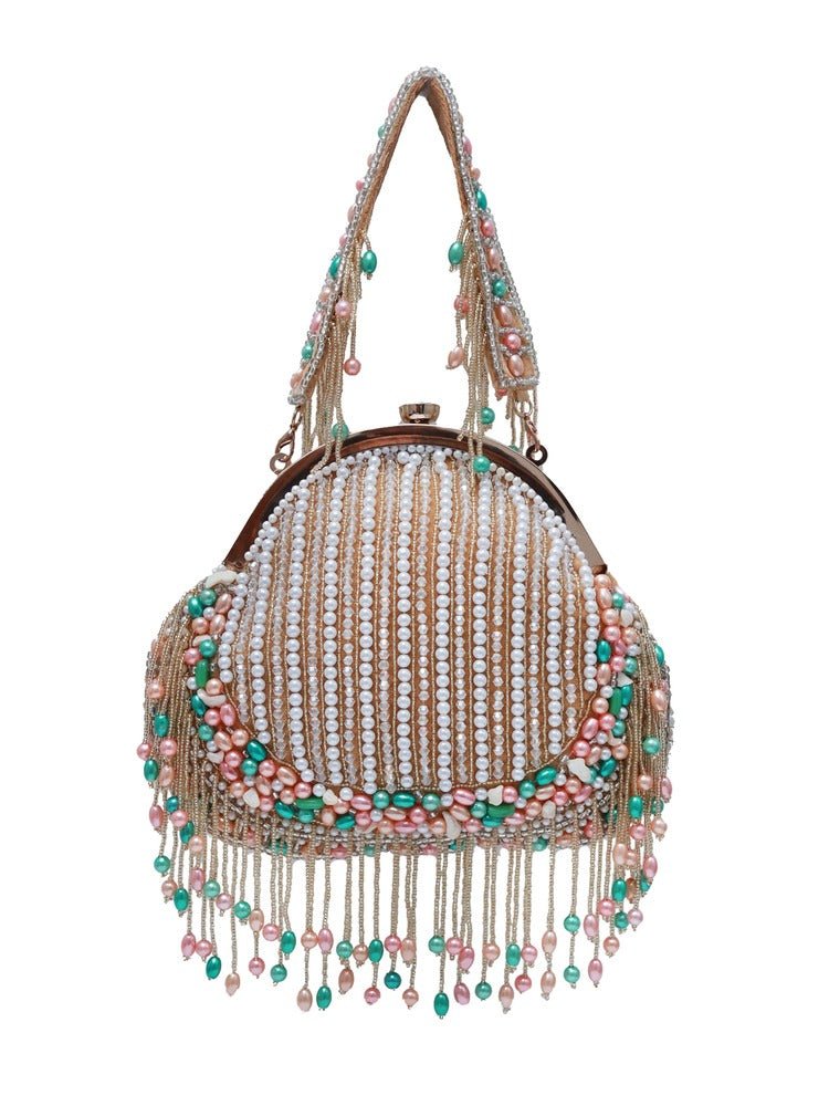 Sona Pearl Tasselled Potli Bag | Modern Elegance with Detachable Handle - Sona_Gold